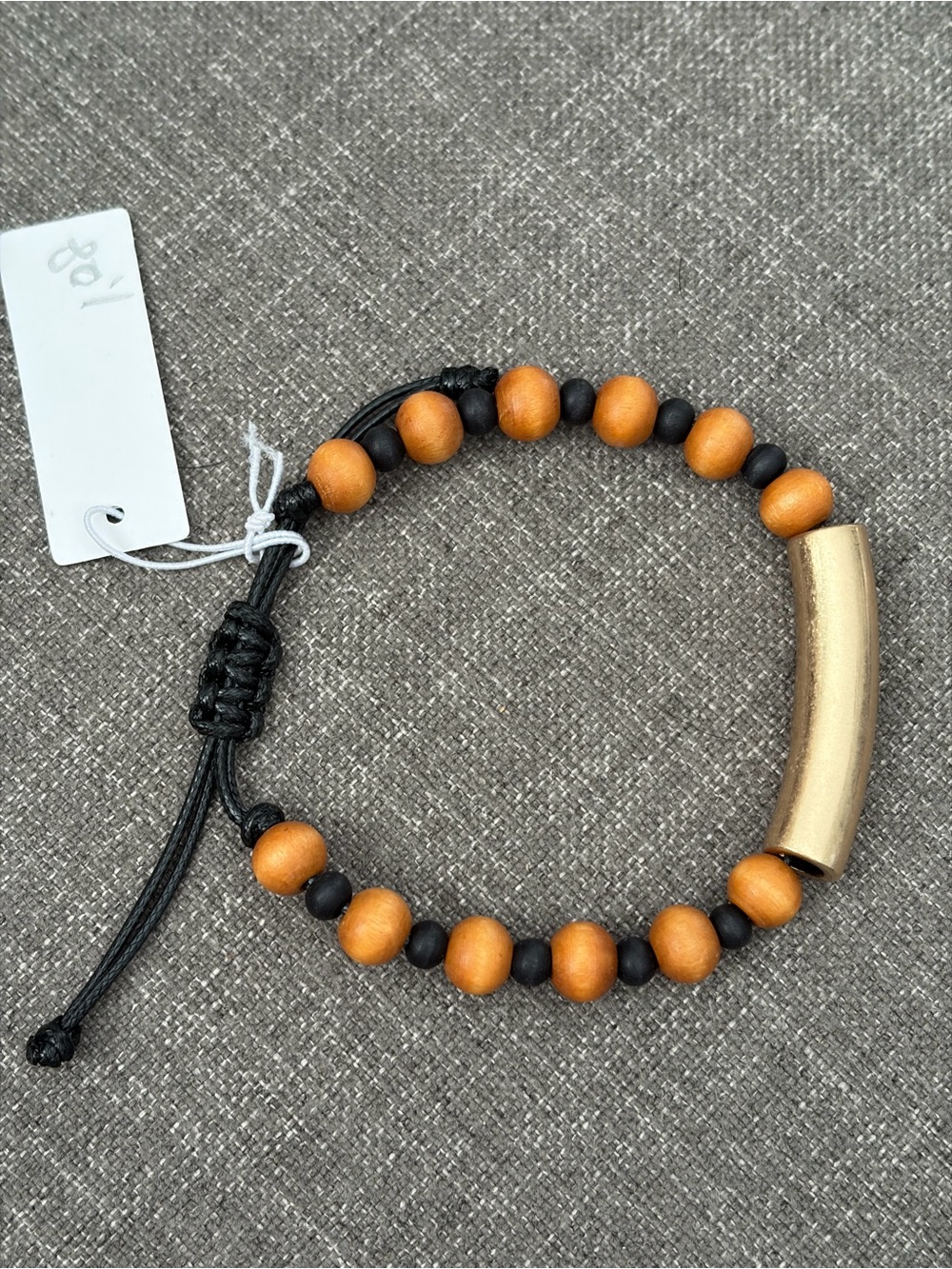 Adjustable Wood Bead Bracelet with Gold-Tone Curved Bar